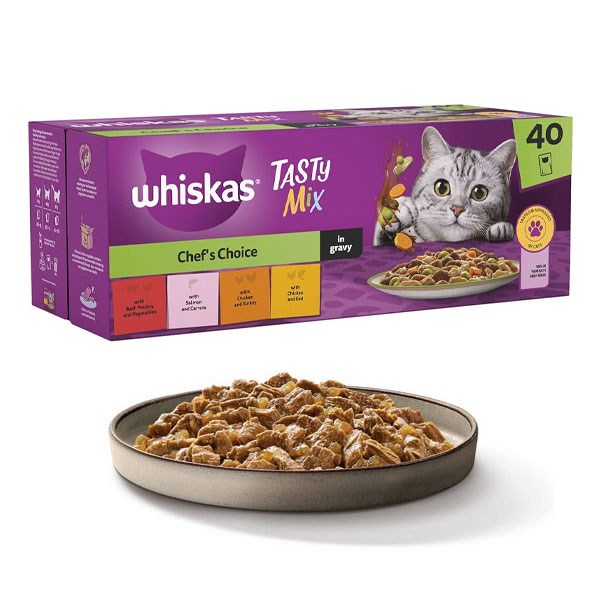 پوچ گربه TASTY Mix ویسکاس طعم مرغ و ماهی کاد