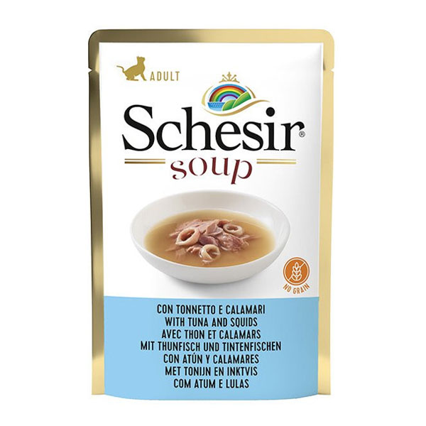 پوچ گربه شسیر با طعم ماهی تن و ماهی مرکب در سوپ