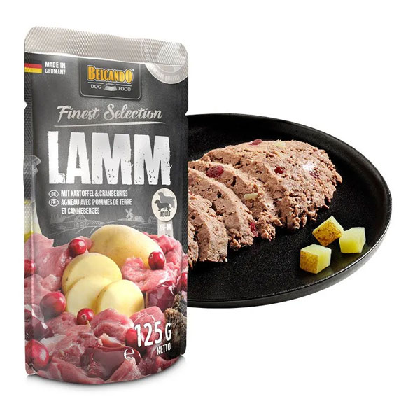 پوچ سگ بلکاندو طعم گوشت بره با سیب زمینی و کرنبری