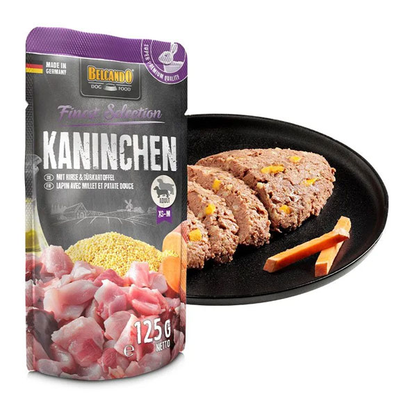 پوچ سگ بلکاندو طعم گوشت خرگوش با ارزن و سیب زمینی شیرین