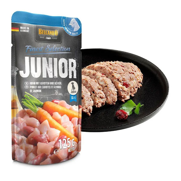 پوچ سگ جونیور بلکاندو طعم مرغ و هویج و روغن سالمون