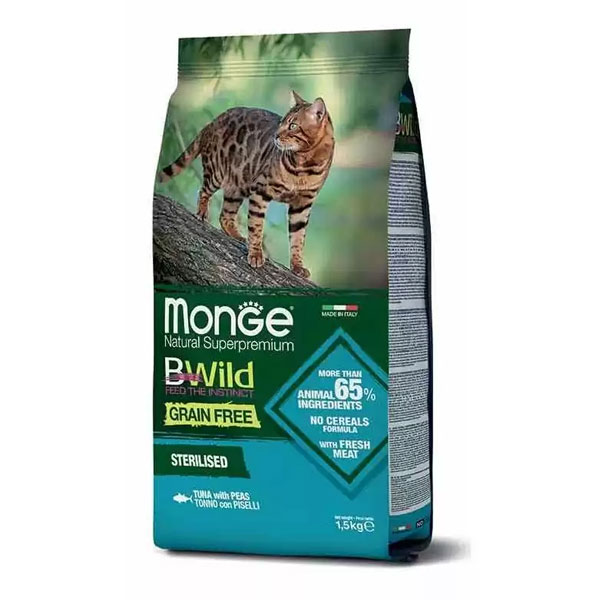 غذا خشک گربه عقیم شده مونژه Bwild طعم ماهی تن و نخود فرنگی