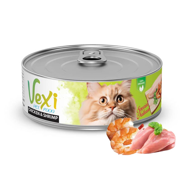 کنسرو نچرال گربه وکسی طعم مرغ و میگو