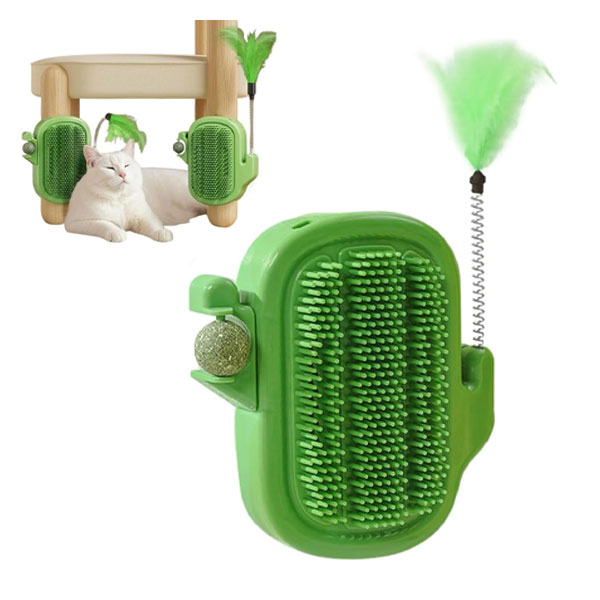 شانه موی گربه مدل کاکتوس همراه توپ کت نیپ و پر