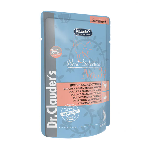 پوچ گربه عقیم شده دکتر کلادرز طعم مرغ و سالمون و جلبک دریایی