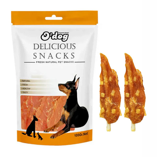 تشویقی سگ اوداگ مدل Bleached Rawhide Chicken Jerky With Cheese