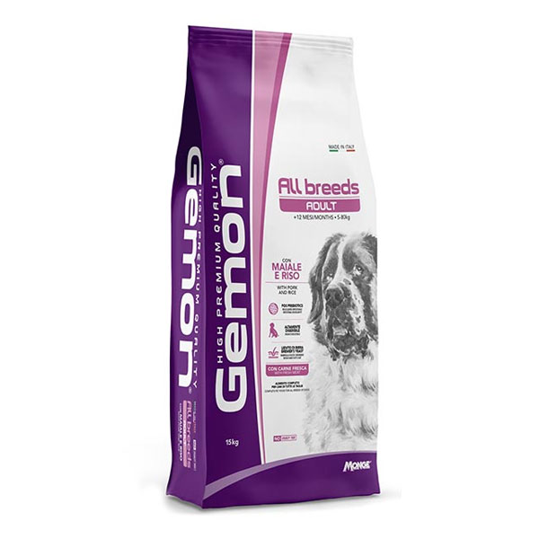 غذا خشک سگ بالغ همه نژادها مونژه Gemon طعم خوک و برنج