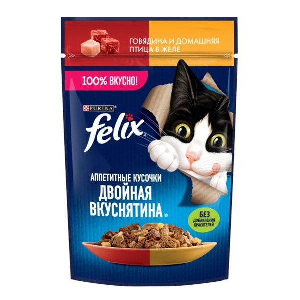 پوچ گربه فلیکس پورینا طعم گوشت گاو و مرغ در ژله